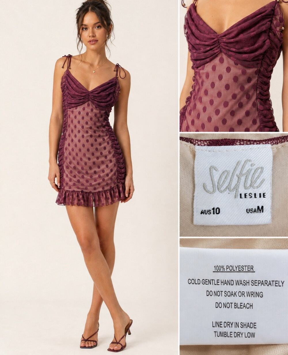 Y2K Milkmaids 00s Selfie Leslie Bodycon Mini Dress Sz M Burgundy Polka Dot Mesh
